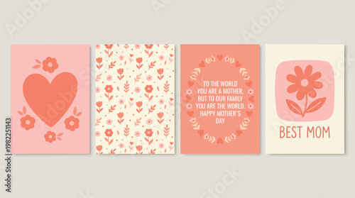 Four mother's day greeting cards with lovely designs, including heart shape, flowers, and message