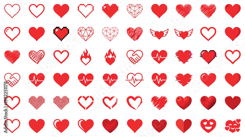A collection of diverse red heart designs, perfect for conveying love, affection, and emotional connection. The collection features various shapes and styles. 