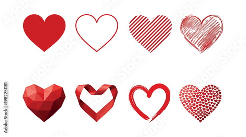 Eight unique red heart shapes, each with a distinct design. From solid to intricate, perfect for conveying love, affection, and emotional connection