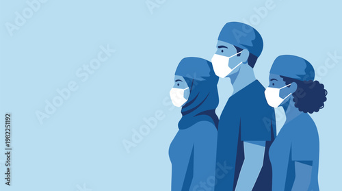 Healthcare professionals wearing face masks, standing side by side, and looking forward, symbolizing readiness and unity