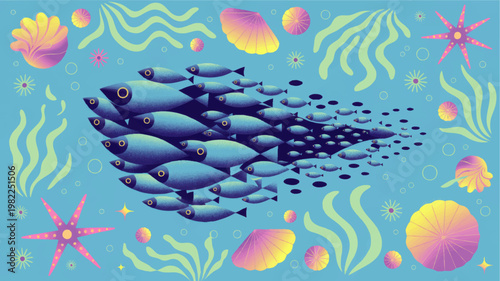 Colorful underwater fish school illustration with seaweed, shells and starfish in whimsical ocean scene background