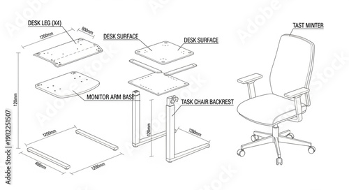Office Chair Assembly Diagram with Parts and Dimensions.