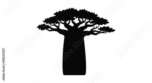 A striking baobab tree illustration with a dark bold silhouette