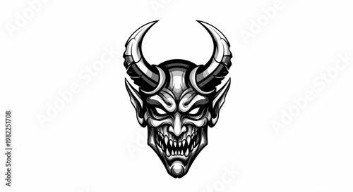 Intricate demon head illustration with horns and sharp teeth on white background