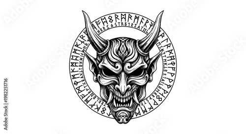 Intricate demon mask illustration with horns and rune circle design