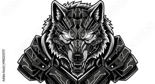 Intricate digital illustration of a robotic wolf head with detailed circuits and glowing eyes