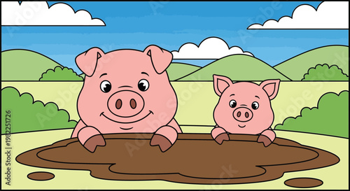 Two cute pigs playing in a mud puddle on a farm cartoon illustration
