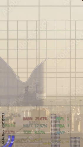 Vertical video: Hazy port showing ship, grid rising and charts rising over ship with shipping data