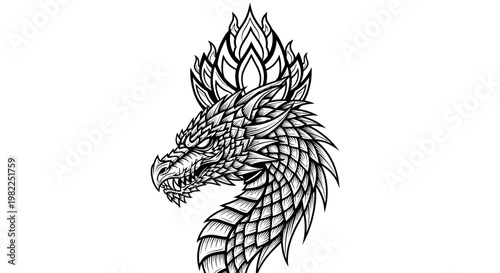 Intricate dragon head illustration in black and white against white background