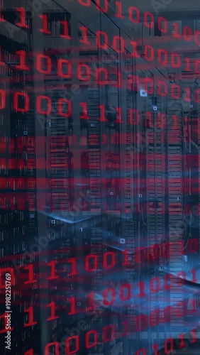 Vertical video: Red overlay appearing at start, racks idling, digits scrolling, showing packet flow