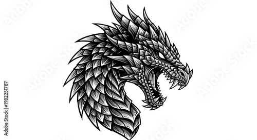 Intricate dragon head illustration with open mouth and detailed scales vector art