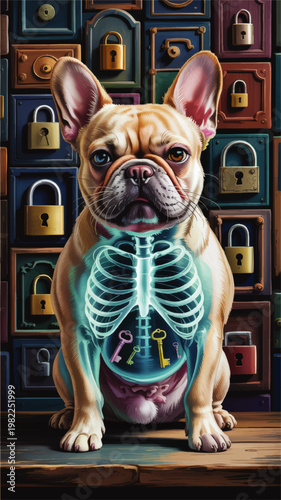 Surreal French Bulldog Portrait with Xray Chest and Hidden Keys Against Colorful Lock Wall, Whimsical Security Concept Art