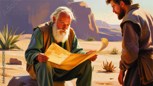 Elderly bearded man reading ancient scroll to younger traveler in desert canyon, biblical scene digital painting