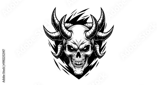 Intricate skull illustration with horns on a white background vector art
