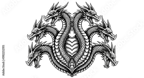 Intricate symmetrical illustration of a multi headed mythical dragon creature