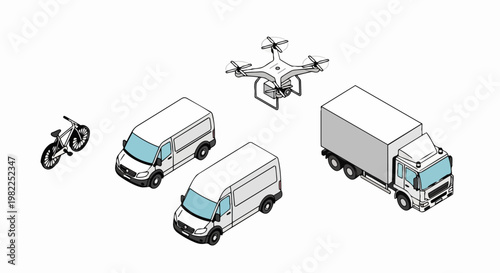 Isometric Logistics and Delivery Vehicles Set with Delivery Van, Truck, Drone and Bicycle for Shipping and Transportation Concepts