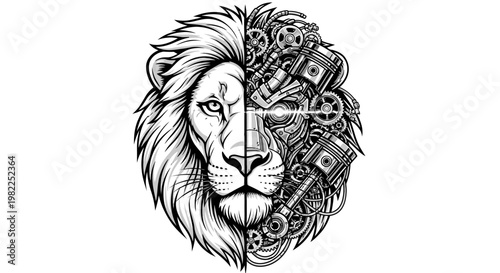 Lion and mechanical parts composite illustration on white background