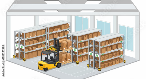 Industrial Warehouse Interior with Yellow Forklift and Shelving Units, Logistics and Supply Chain Concept Illustration