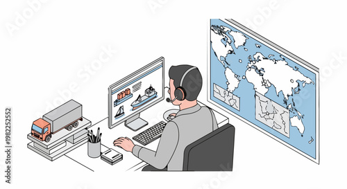 Logistics Manager Monitoring Global Supply Chain and Shipping Routes on Computer with World Map and Truck Model, Isometric Illustration