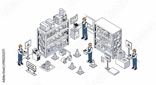 Isometric Warehouse Management and Logistics Illustration featuring Workers, Storage Shelves, and Safety Protocols for Supply Chain Operations