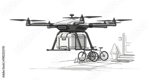 Drone with bicycle and cones on urban roadside illustration