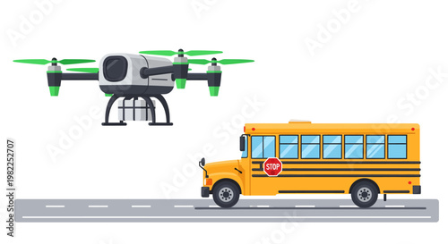Drone flying over a yellow school bus on the road