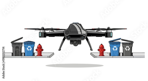 Drone flying over recycling bins and trash cans on a city street