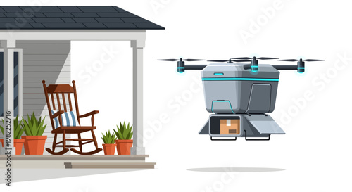 Drone delivering package to house porch with rocking chair