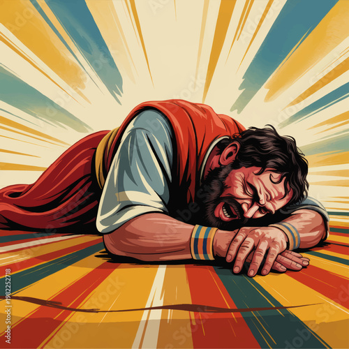 Biblical man praying on the ground in anguish with radiant heaven light, dramatic spiritual illustration in vintage comic style