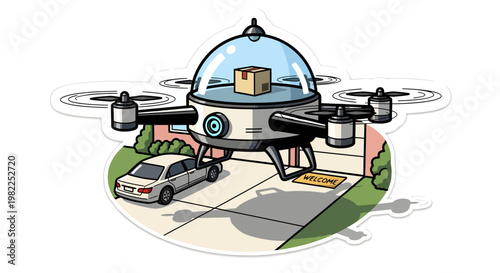 Drone delivering package to car on driveway illustration