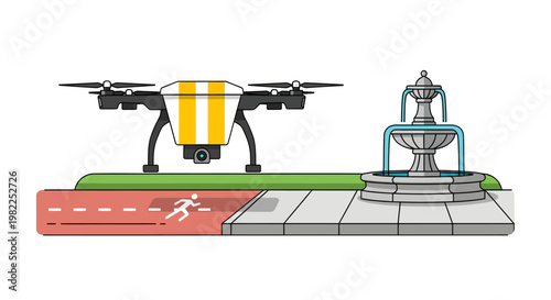 Drone flying over urban park with fountain and running track