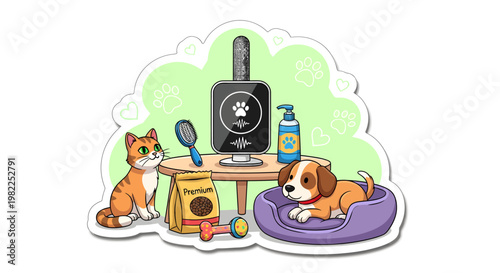 Cute cartoon dog and cat relaxing with pet grooming tools