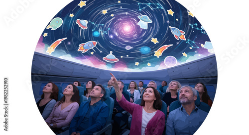People looking up at a colorful planetarium show with stars and spaceships