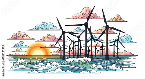 Wind turbines at sea sunset renewable energy colorful illustration