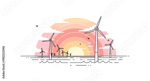 Wind turbines at sunset, renewable energy concept illustration