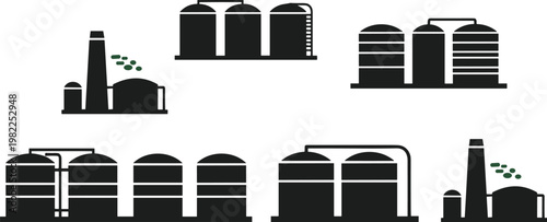 Industrial Factory and Storage Tank Silhouette Vector Set with Oil Refinery Chemical Plant and Manufacturing Facility Icons Collection