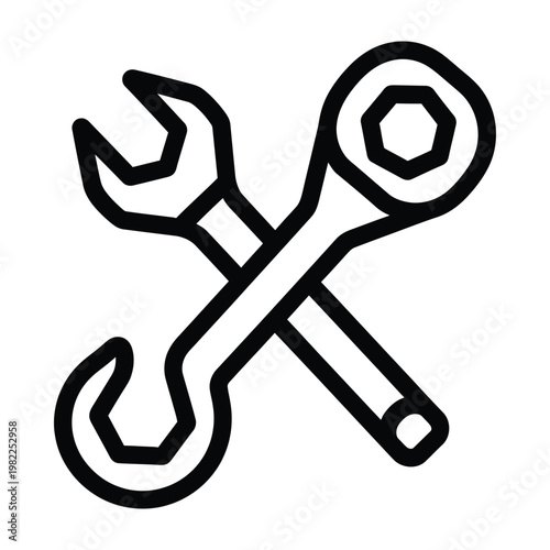 Crossed wrench and spanner tool icon with hand tool black and white background line art flat design hardware