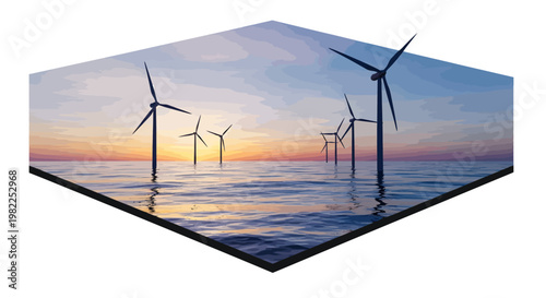 Offshore wind turbines at sunset, renewable energy concept