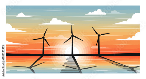 Wind turbines at sunset on reflective water surface