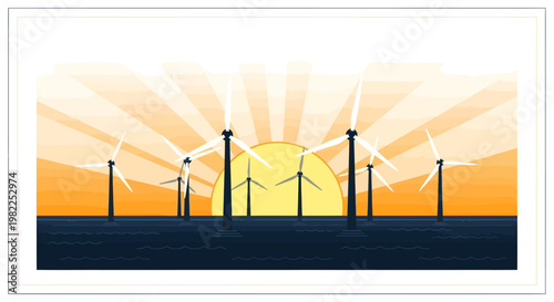 Wind turbines at sunset with orange sky background