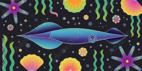 Colorful deep sea squid with starfish seashells and seaweed on dark ocean background, whimsical underwater illustration