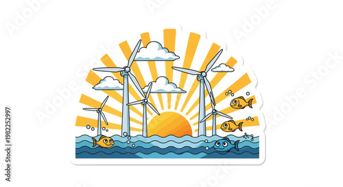 Wind turbines sunset sea sticker illustration eco friendly energy