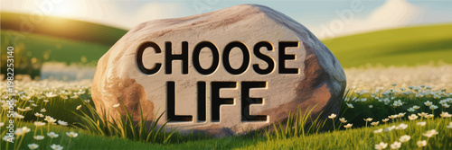 Choose Life Inspirational Stone Message in Sunny Meadow Landscape with Wildflowers, Green Hills and Hopeful Nature Scene