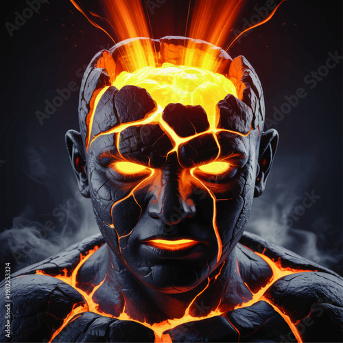 Fiery molten humanoid portrait with cracked stone skin, glowing lava core, erupting head, and intense fantasy sci fi concept art