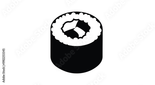 A simplified black and white illustration depicts a single piece of maki sushi showcasing its cylindrical form