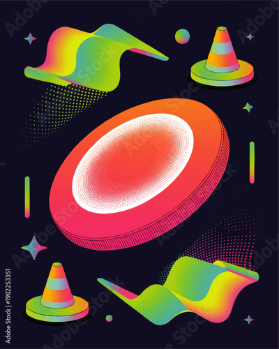 Modern geometric ultimate frisbee sports scene featuring a vibrant gradient flying disc and training cones on a dark background
