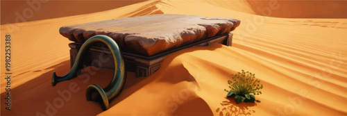 Surreal abandoned table half buried in desert dunes with stone slab top and lone plant, fantasy landscape digital painting