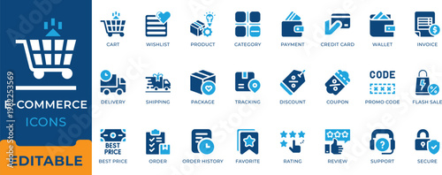E-commerce icon set featuring shopping cart, secure payment, product delivery, shipping tracking, discount coupons, promo code, invoice, customer review, and online support symbols.