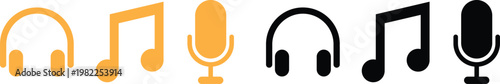 Music and audio equipment icon set with headphones microphones  sound symbols