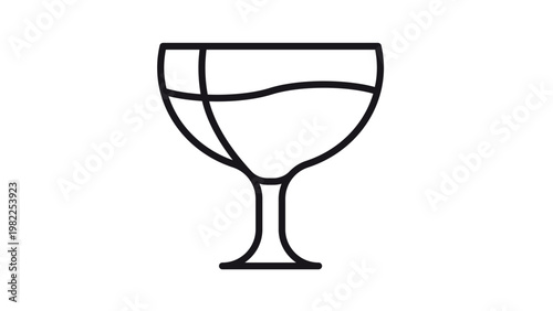 Minimalist black line art vector icon of a wine glass or goblet partially filled with liquid, elegant beverage symbol for restaurant menus, bar branding, and graphic design, scalable illustration.